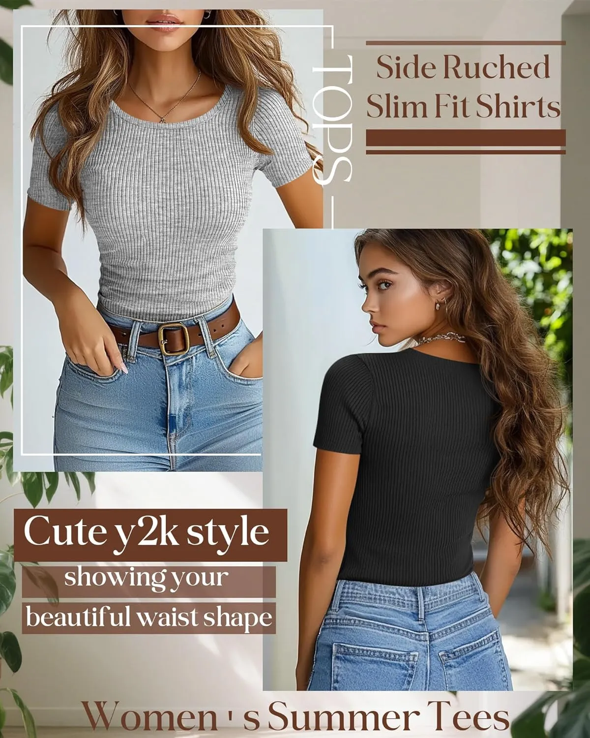 3 Pack Women's Slim Fit Shirts Short Sleeve Side Ruched Y2k Tops Boat Neck Ribbed Going Out Summer Tees