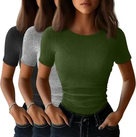 3 Pack Women's Slim Fit Shirts Short Sleeve Side Ruched Y2k Tops Boat Neck Ribbed Going Out Summer Tees