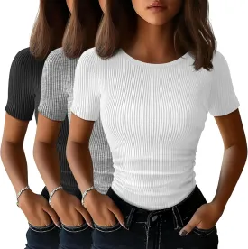 3 Pack Women's Slim Fit Shirts Short Sleeve Side Ruched Y2k Tops Boat Neck Ribbed Going Out Summer Tees