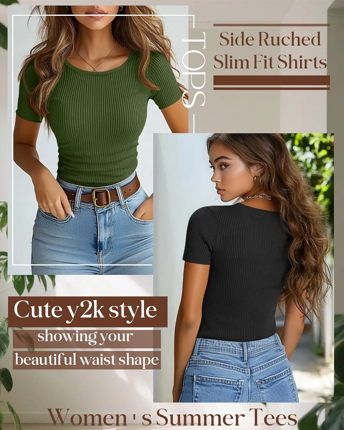 3 Pack Women's Slim Fit Shirts Short Sleeve Side Ruched Y2k Tops Boat Neck Ribbed Going Out Summer Tees