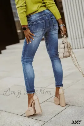 Amy Fashion - Blue Stretch Women's High Waist Ripped Casual Fashion Streetwear Denim Pant Women 2024 Trend Jean