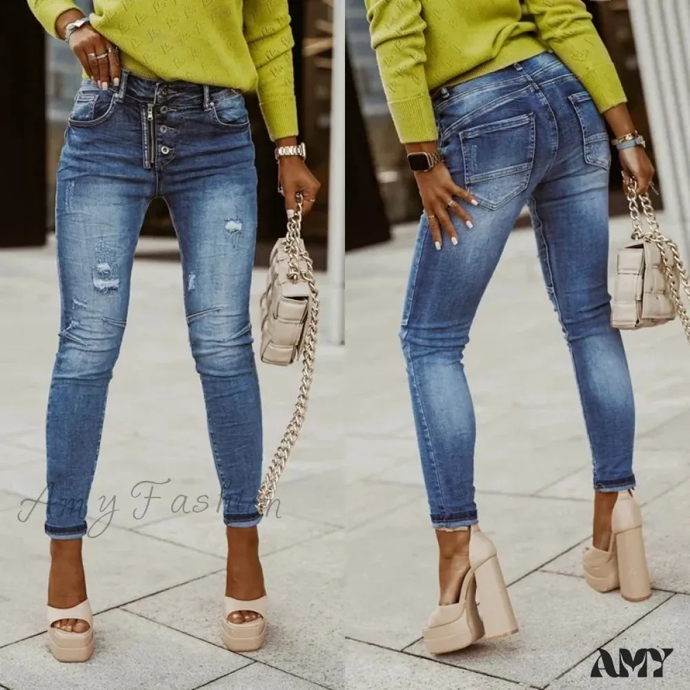 Amy Fashion - Blue Stretch Women's High Waist Ripped Casual Fashion Streetwear Denim Pant Women 2024 Trend Jean