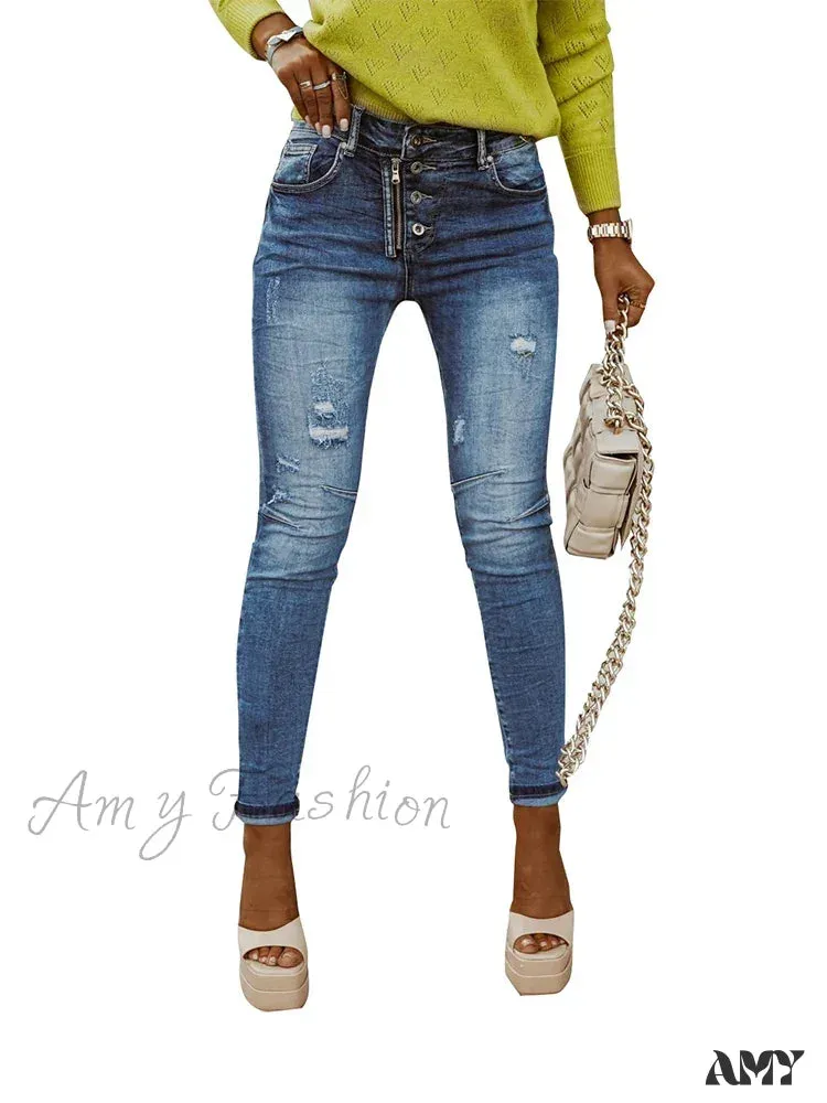 Amy Fashion - Blue Stretch Women's High Waist Ripped Casual Fashion Streetwear Denim Pant Women 2024 Trend Jean