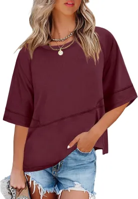 ANRABESS Womens Tops Crewneck Half Sleeve Loose Fit T Shirts Solid Cute Flowy Shirts Summer Casual Tees 2025 Trendy Outfits