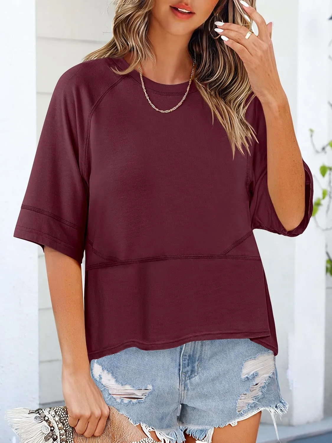 ANRABESS Womens Tops Crewneck Half Sleeve Loose Fit T Shirts Solid Cute Flowy Shirts Summer Casual Tees 2025 Trendy Outfits