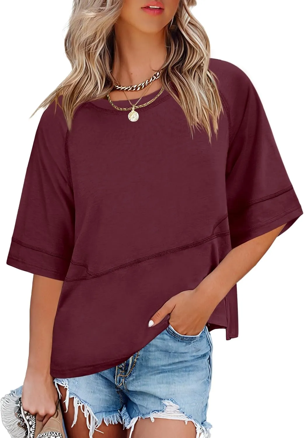 ANRABESS Womens Tops Crewneck Half Sleeve Loose Fit T Shirts Solid Cute Flowy Shirts Summer Casual Tees 2025 Trendy Outfits