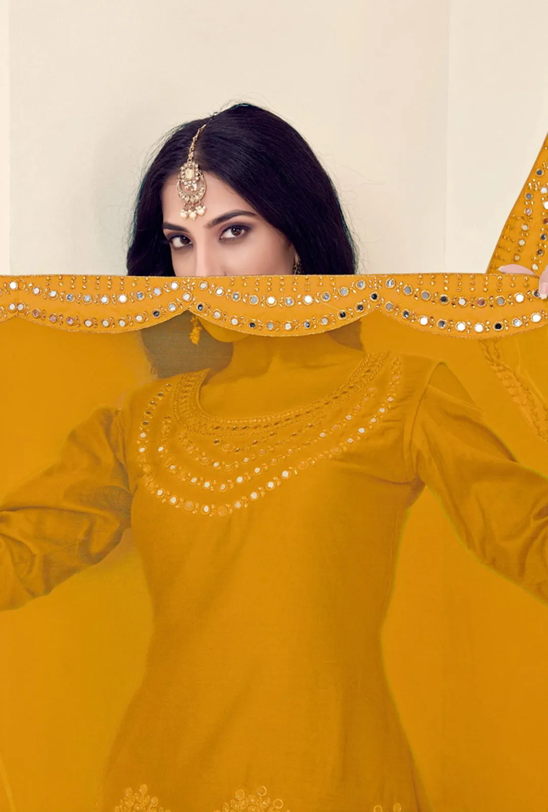 Art Silk Mustard Yellow Embroidered Punjabi Patiala Suit