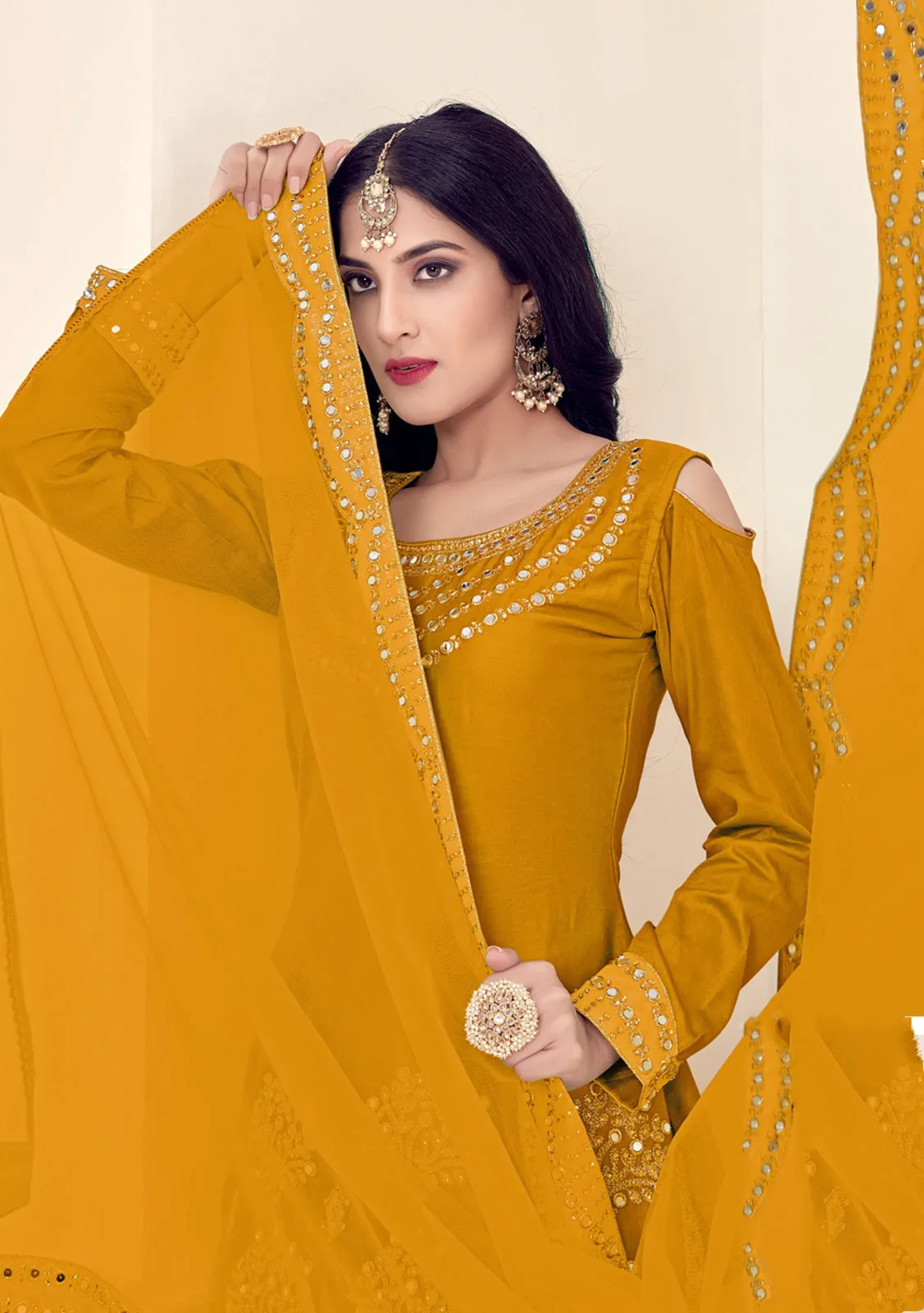 Art Silk Mustard Yellow Embroidered Punjabi Patiala Suit