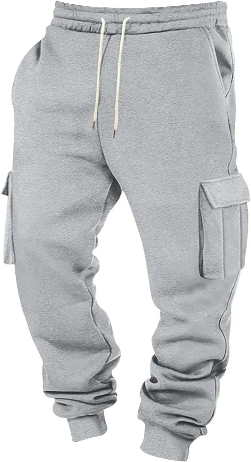 Baggy Cargo Sweatpants for Men Drawstring Waist Fleece Lined Joggers with Pockets Soft Athletic Workout Track Pants