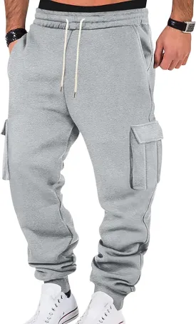 Baggy Cargo Sweatpants for Men Drawstring Waist Fleece Lined Joggers with Pockets Soft Athletic Workout Track Pants
