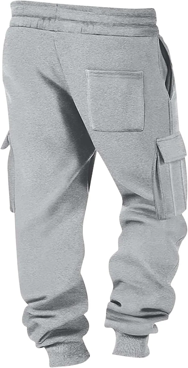 Baggy Cargo Sweatpants for Men Drawstring Waist Fleece Lined Joggers with Pockets Soft Athletic Workout Track Pants