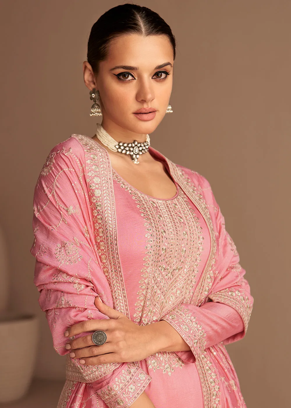 Beautiful Rose Pink & Gold Embroidered Premium Silk Salwar Suit