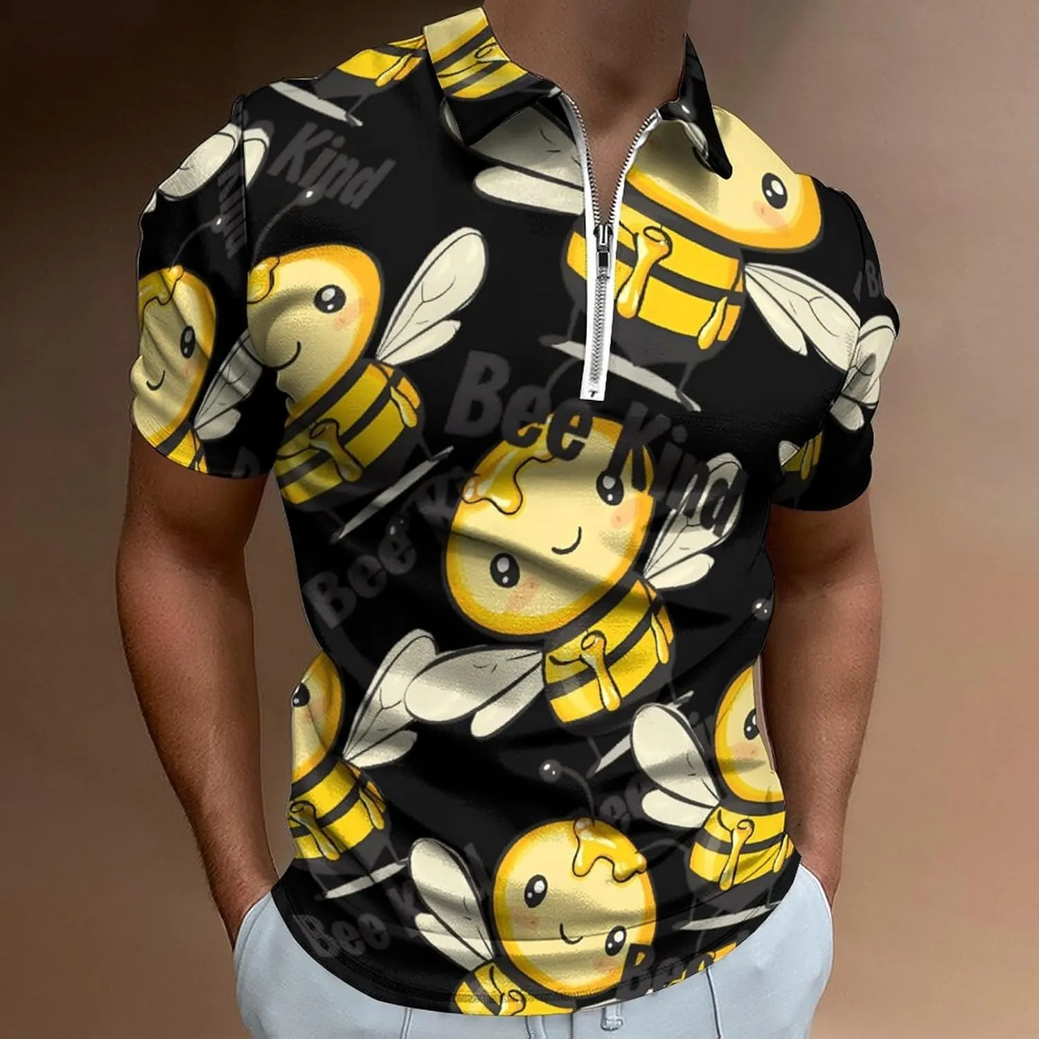 Bee Kind Trendy Polo Shirts for Men Short Sleeve Lapel Collar Zipper T-Shirts Outdoor Sports