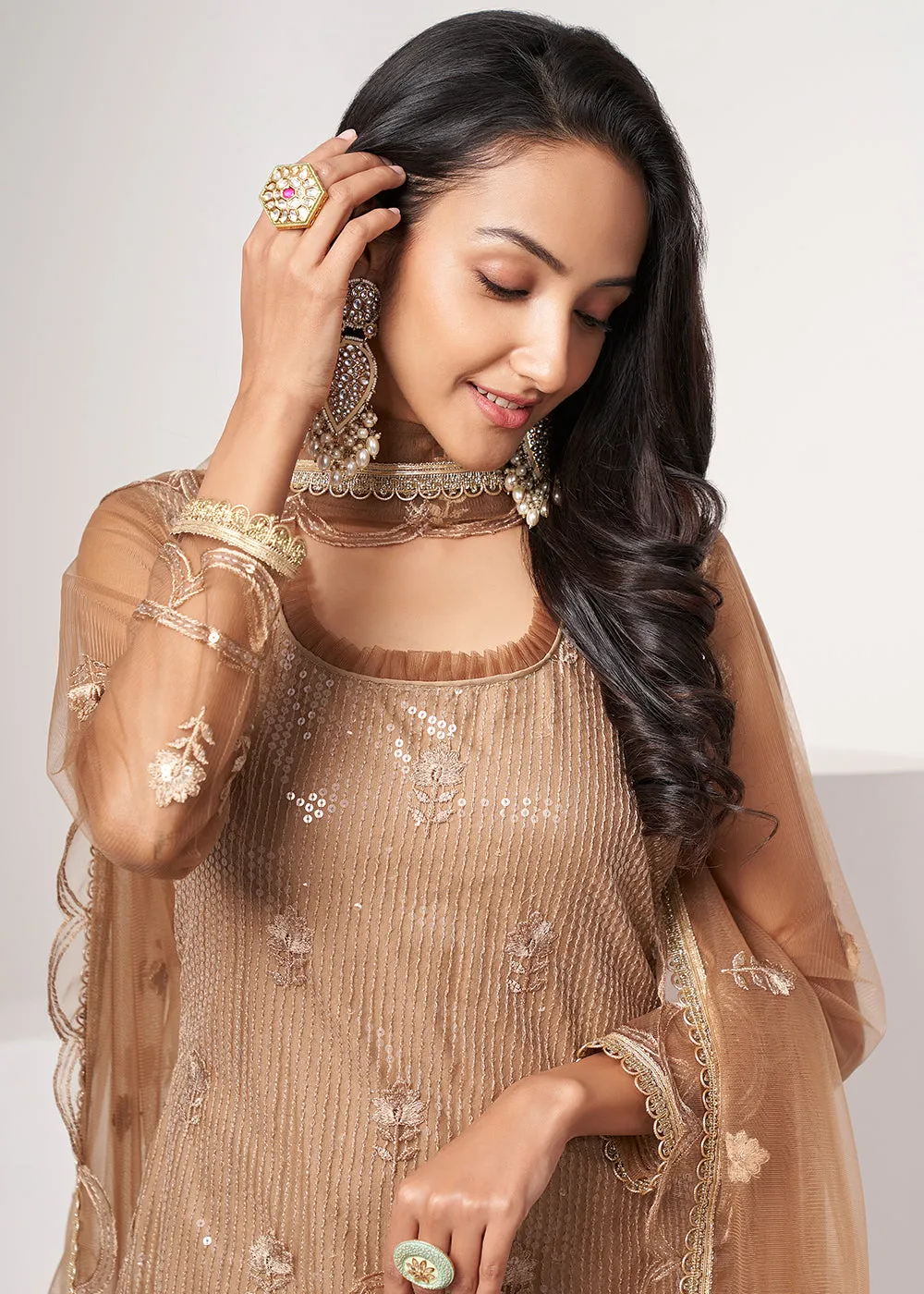 Biscuit Brown Net Embroidered Festive Salwar Suit