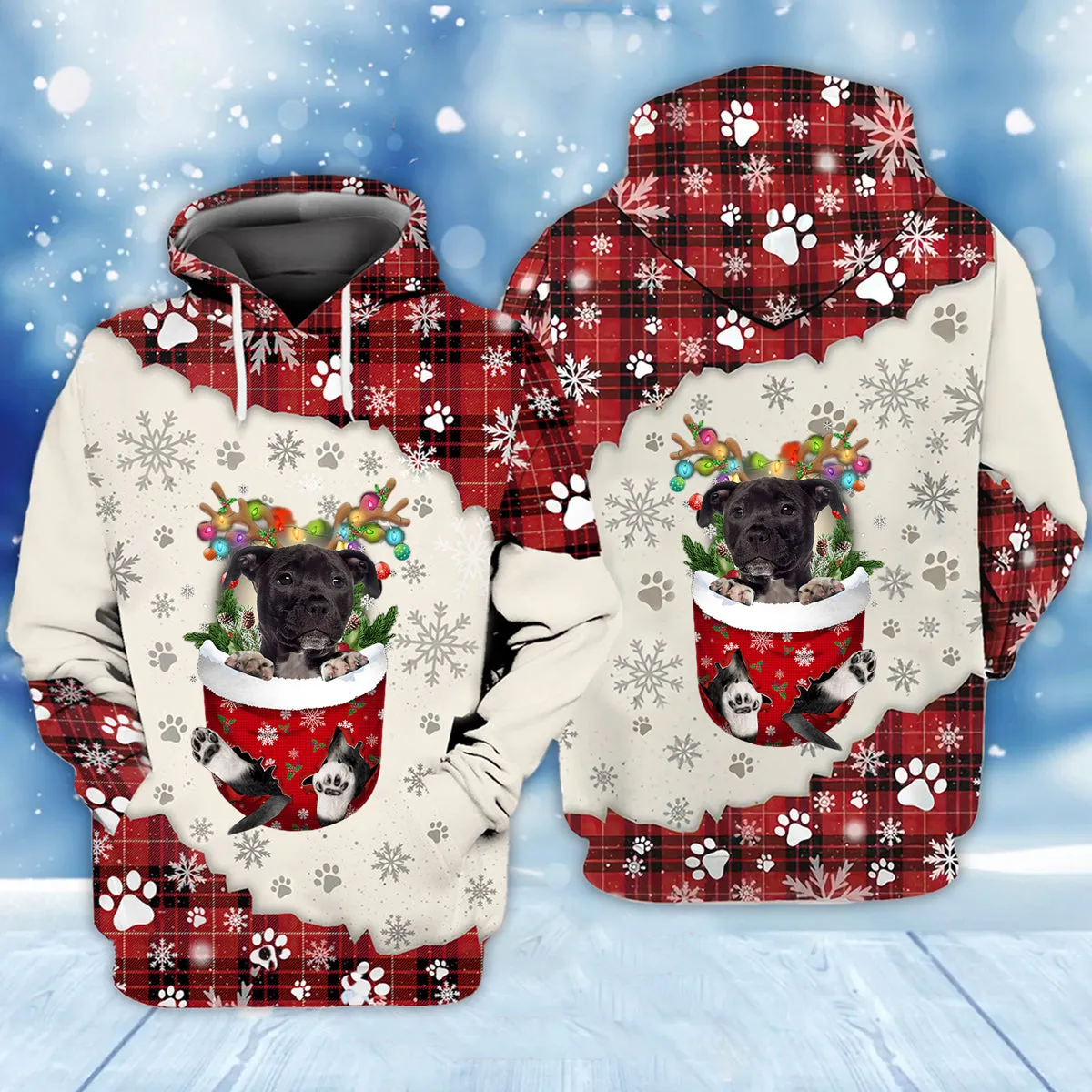 BLACK American Staffordshire Terrier In Snow Pocket Merry Christmas Unisex Hoodie