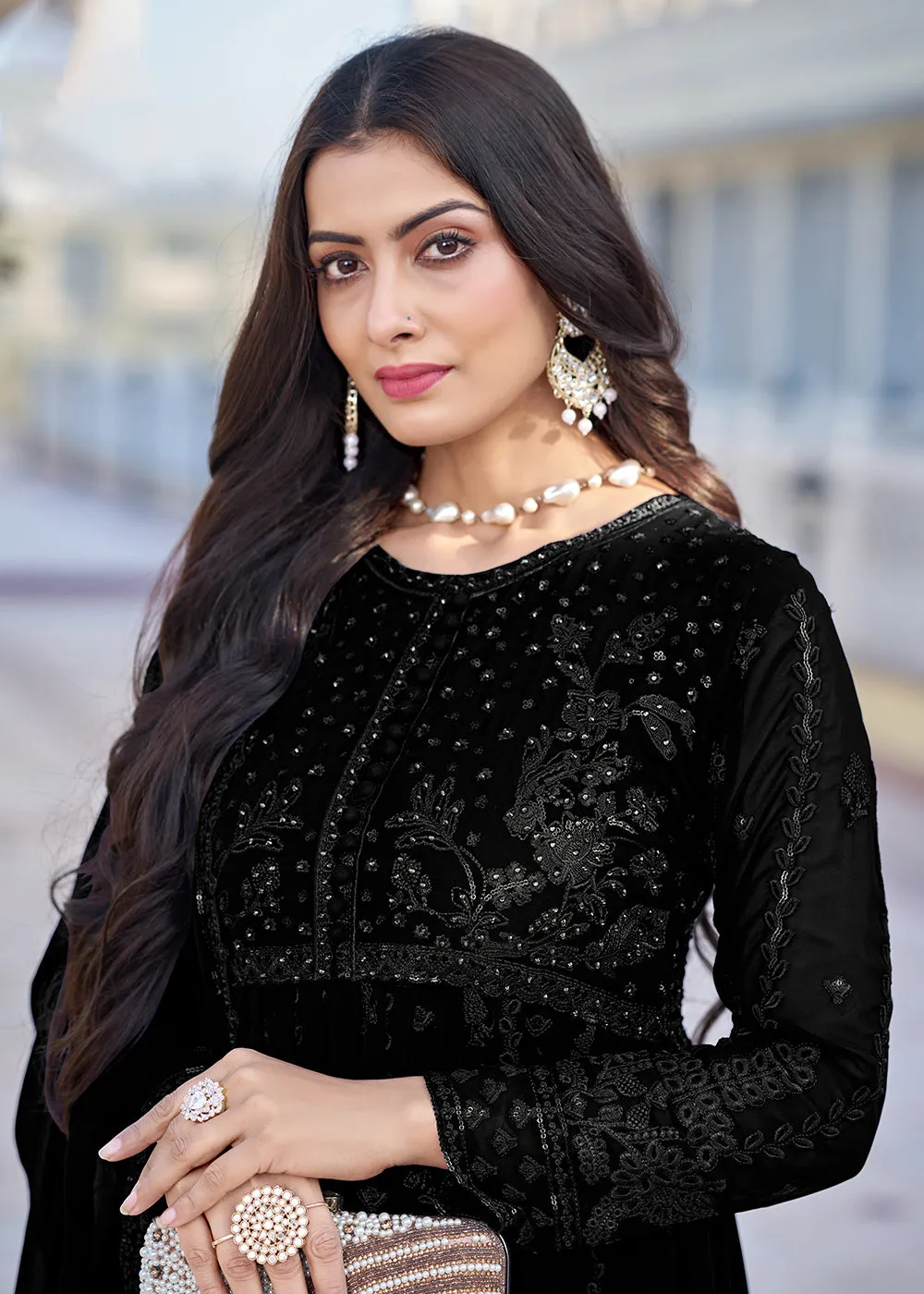 Black Georgette Embroidered Frock Style Salwar Suit