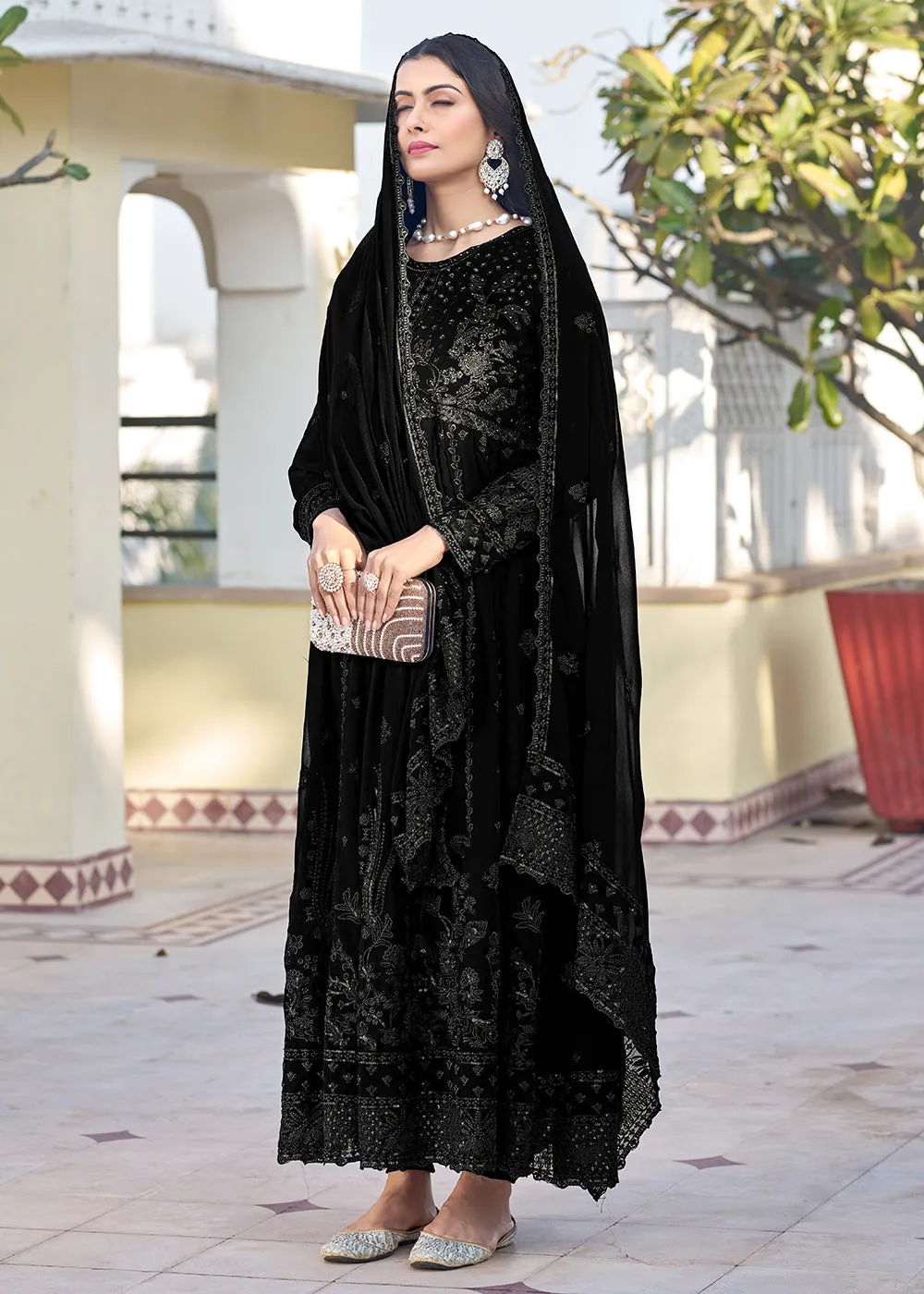 Black Georgette Embroidered Frock Style Salwar Suit