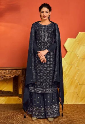 Blue Chinnon Sequins Embroidered Palazzo Suit