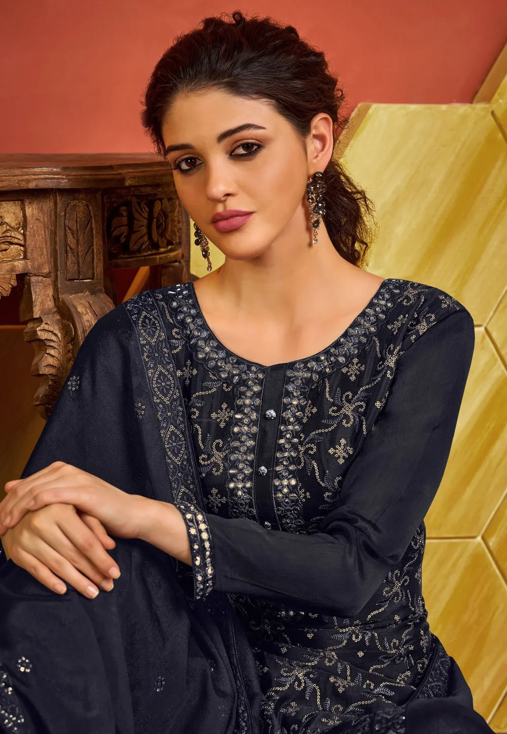 Blue Chinnon Sequins Embroidered Palazzo Suit