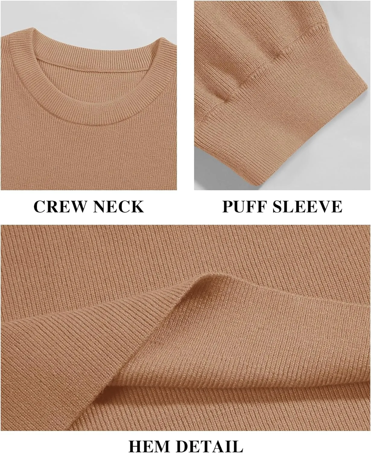 Bodosalia Womens Puff Short Sleeve Sweater Casual Summer Crew Neck Pullover Tops Ribbed Knit Sweater Blouse