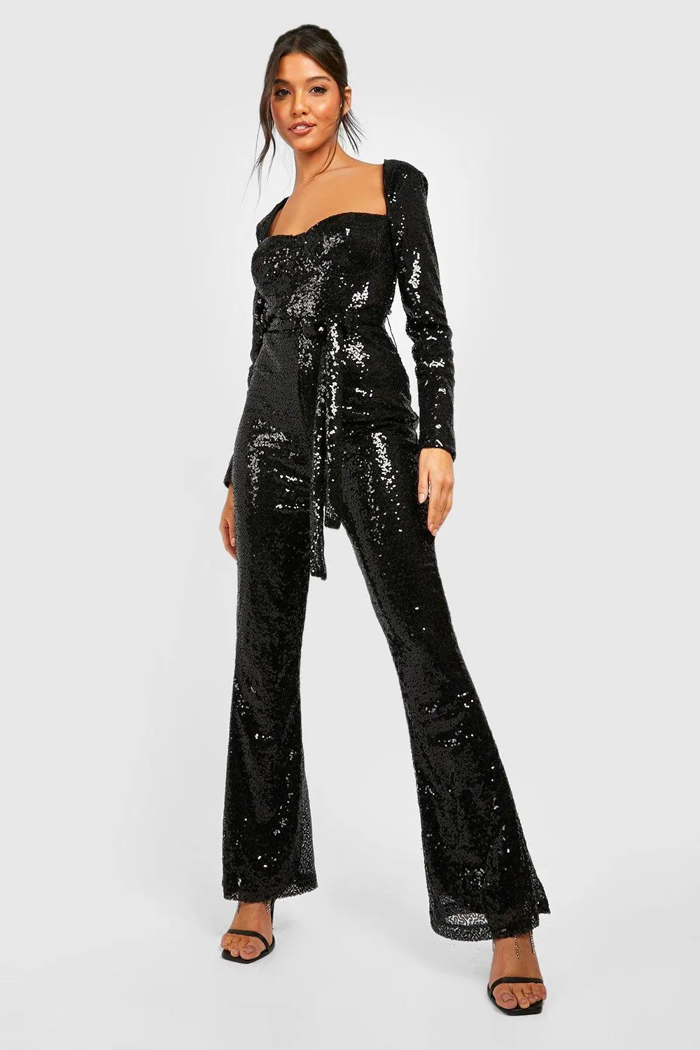 Boohoo Sequin Jumpsuit with Belt, Black