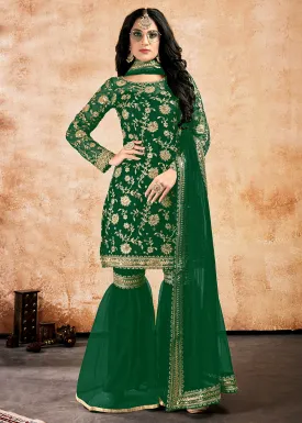 Bottle Green Net Sequins Pakistani Gharara Suit