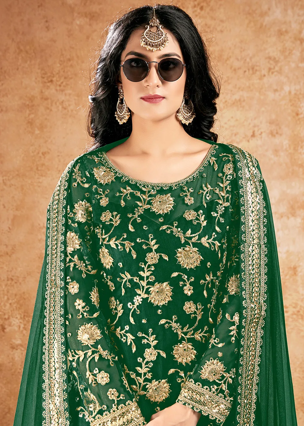Bottle Green Net Sequins Pakistani Gharara Suit