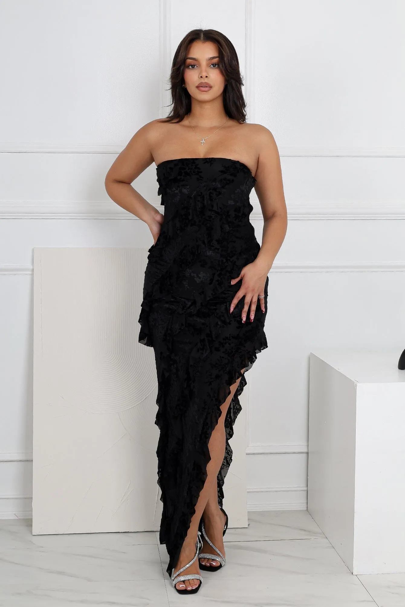 Brett Mesh Ruffle Tube Maxi Dress