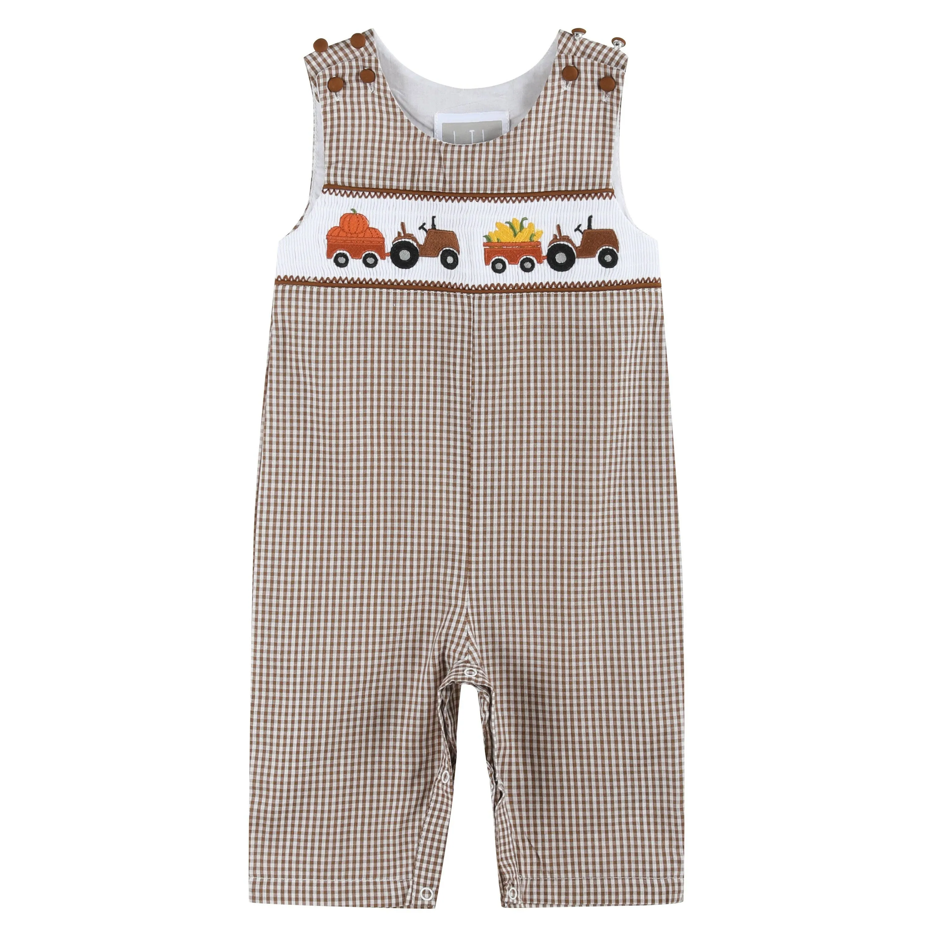 Brown Gingham Pumpkin and Corn Tractor Smocked Overalls