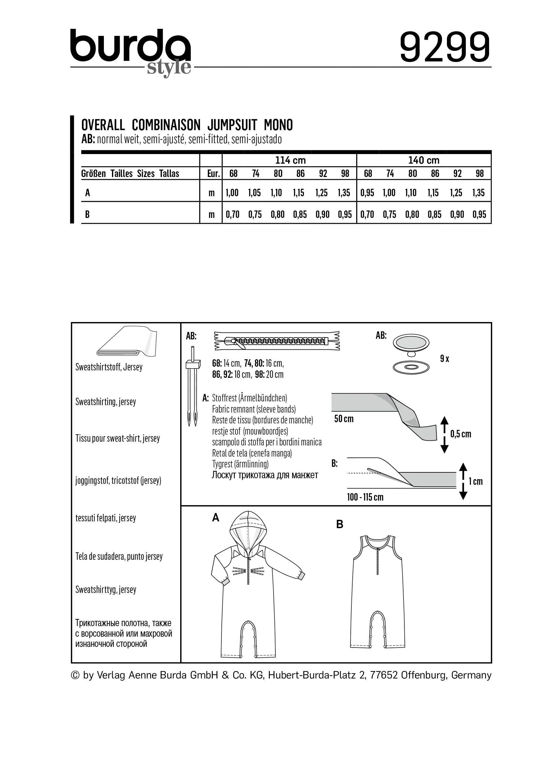 Burda Pattern 9299 Toddlers' Overalls / Babygro