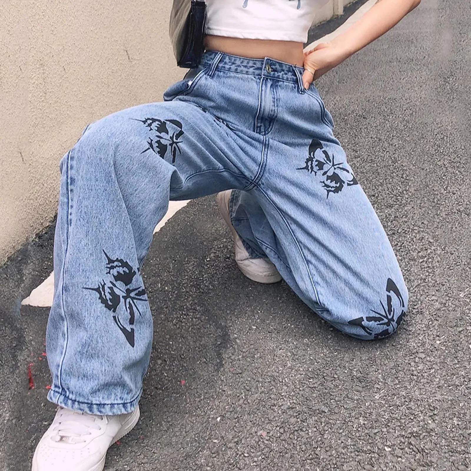 Butterfly Print High Waist Wide Leg Denim Jeans