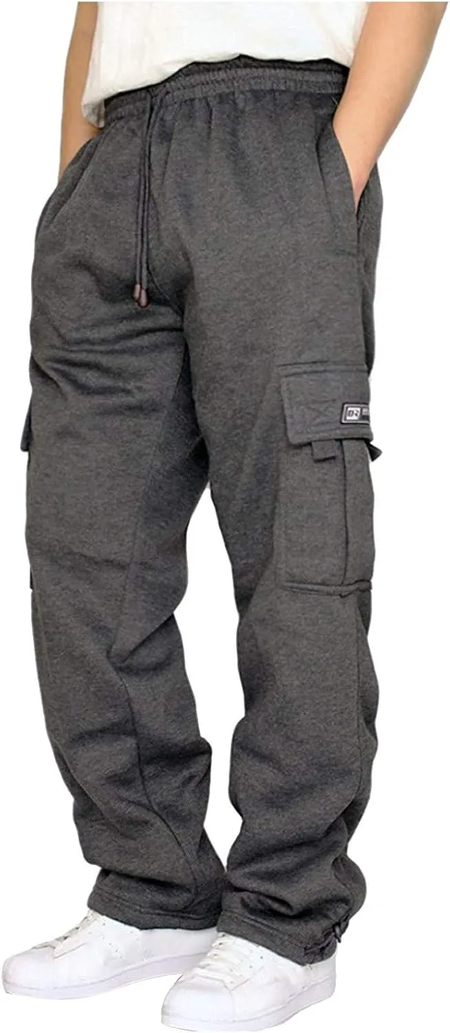 Casual Cargo Sweatpants for Men Plus Size Drawstring Waist Open Bottom Sweatpants Baggy Lounge Pants with Pockets