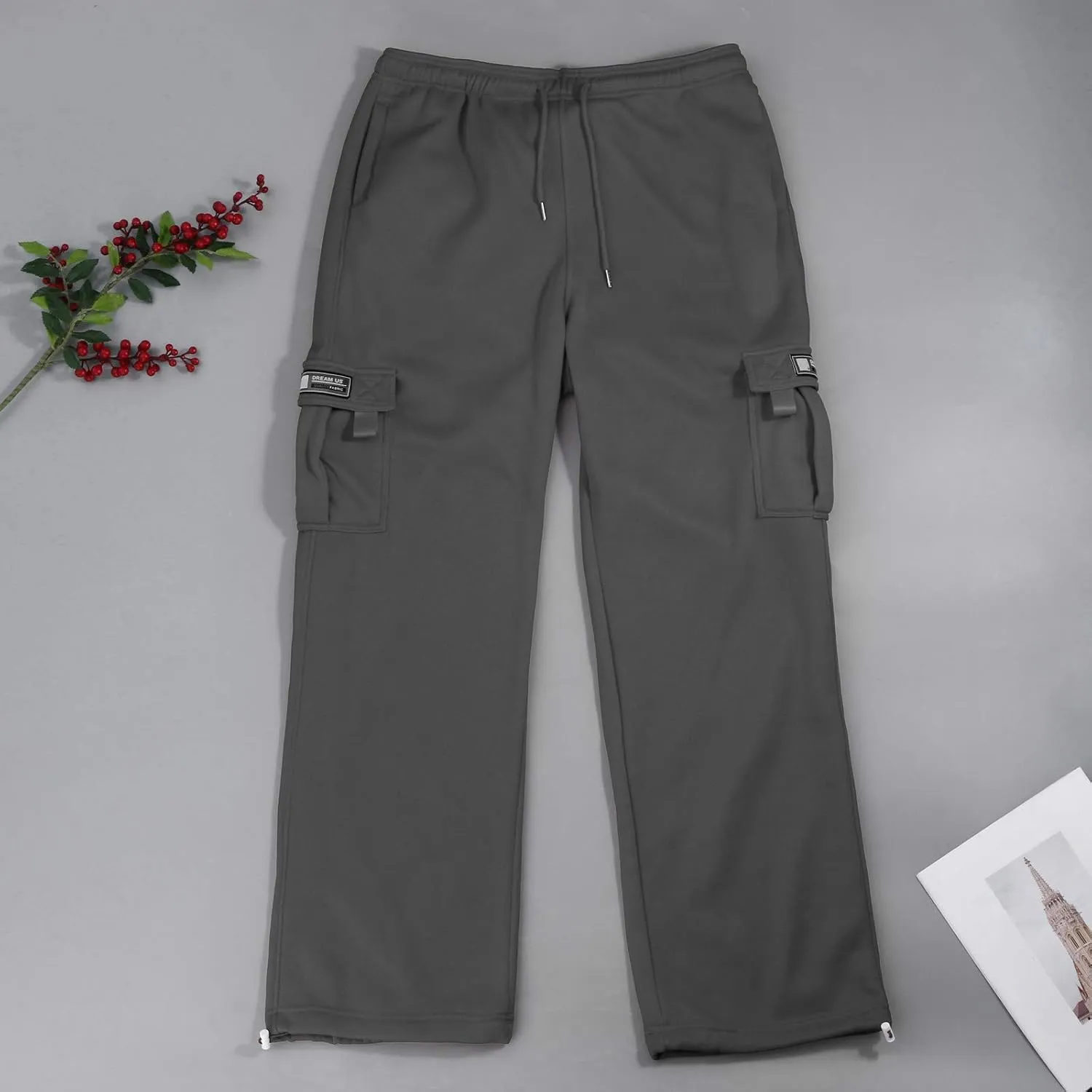 Casual Cargo Sweatpants for Men Plus Size Drawstring Waist Open Bottom Sweatpants Baggy Lounge Pants with Pockets