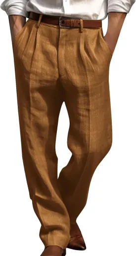 Cotton Linen Pants for Men Pleated Front Trouser Straight Leg Suit Trousers Solid Color Office Trouser Linen Pant