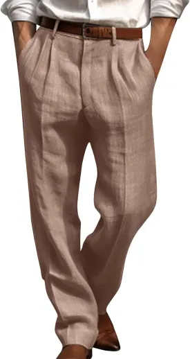 Cotton Linen Pants for Men Pleated Front Trouser Straight Leg Suit Trousers Solid Color Office Trouser Linen Pant