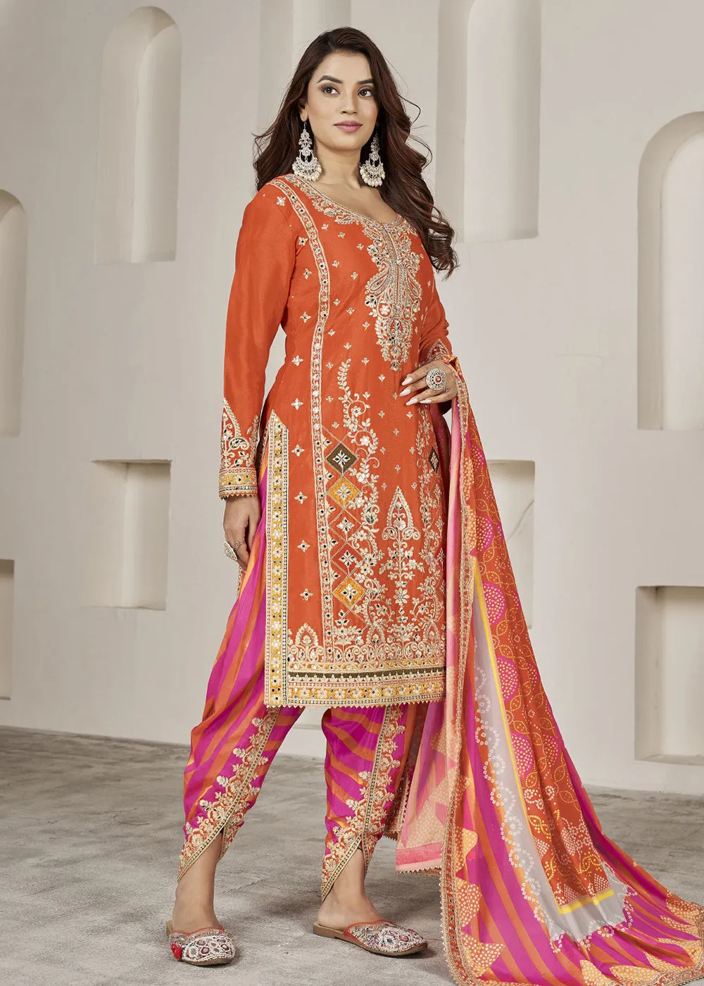 Designer Orange Punjabi Style Dhoti Style Salwar Suit