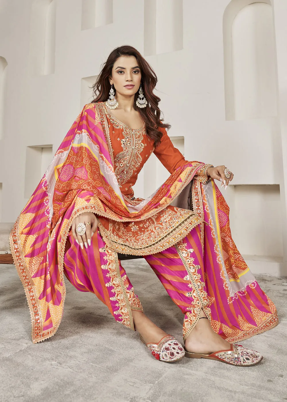 Designer Orange Punjabi Style Dhoti Style Salwar Suit