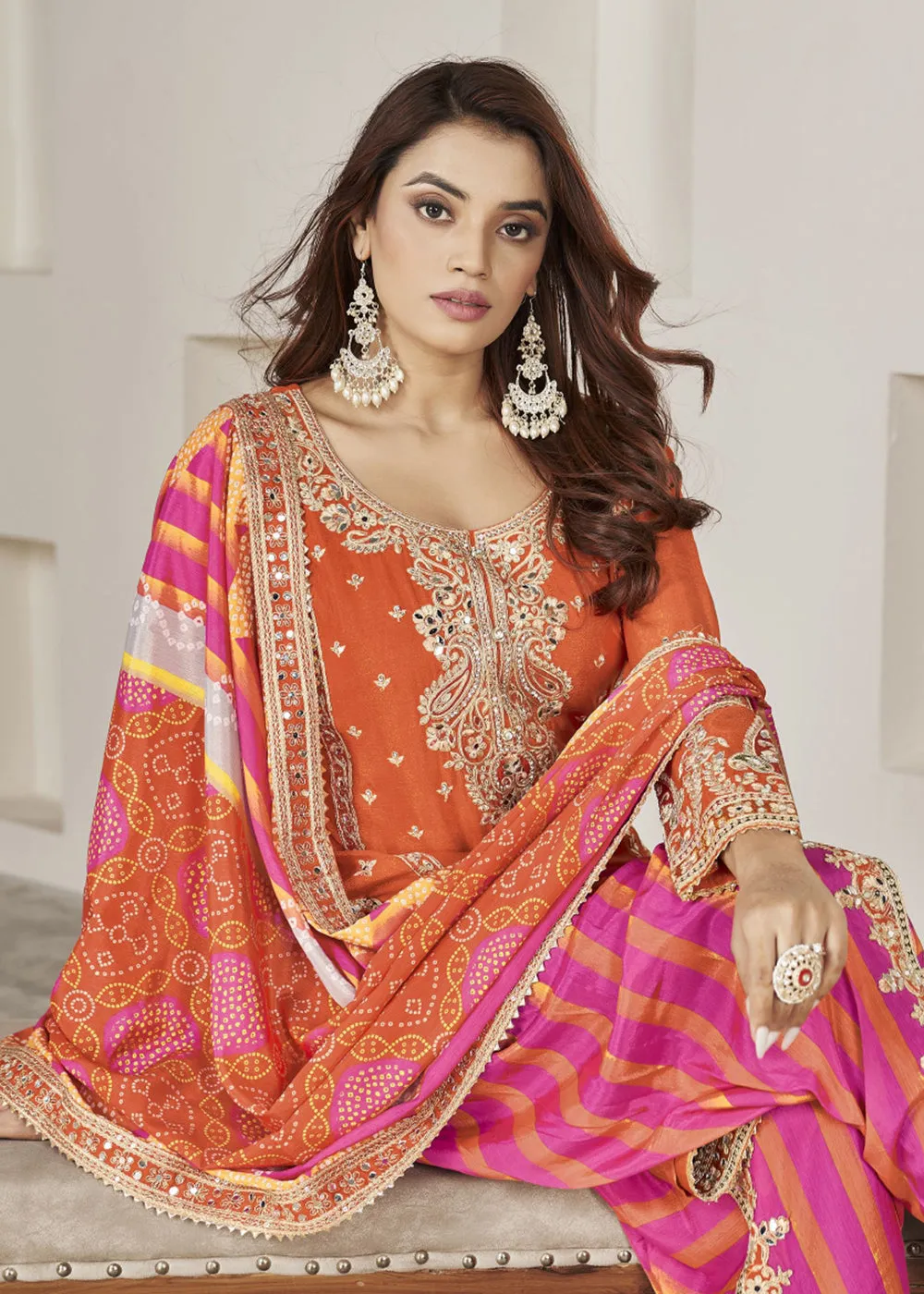 Designer Orange Punjabi Style Dhoti Style Salwar Suit