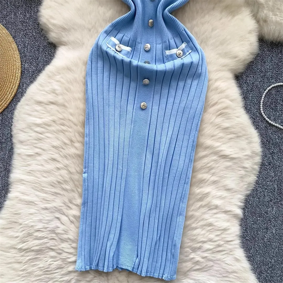 Dndrdhfb Women's Knitted Hip-Wrapped Dress V-Neck Short Sleeve Pleated Sweater Dress Office Bodycon Dress