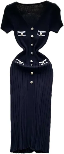 Dndrdhfb Women's Knitted Hip-Wrapped Dress V-Neck Short Sleeve Pleated Sweater Dress Office Bodycon Dress