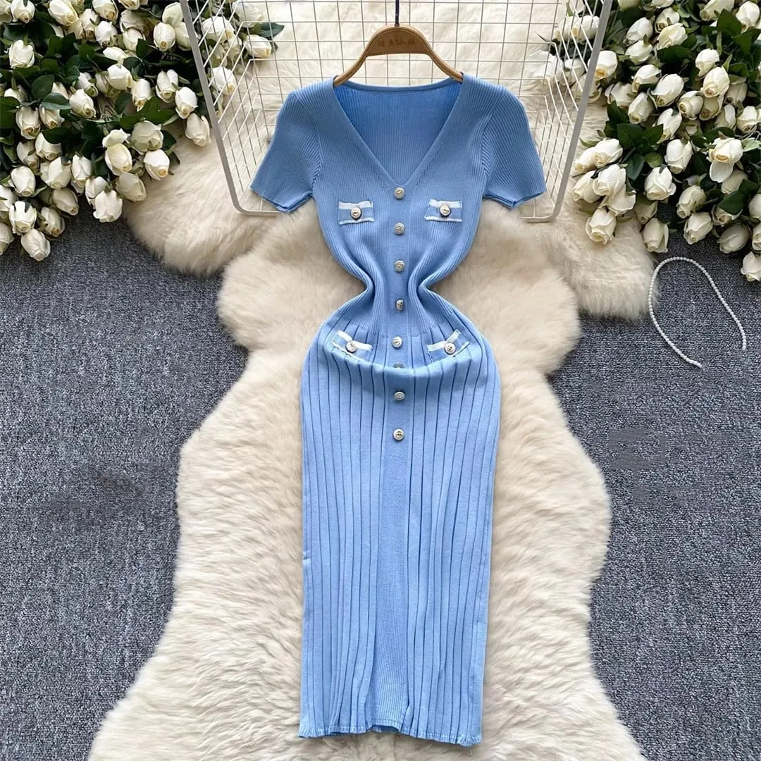 Dndrdhfb Women's Knitted Hip-Wrapped Dress V-Neck Short Sleeve Pleated Sweater Dress Office Bodycon Dress