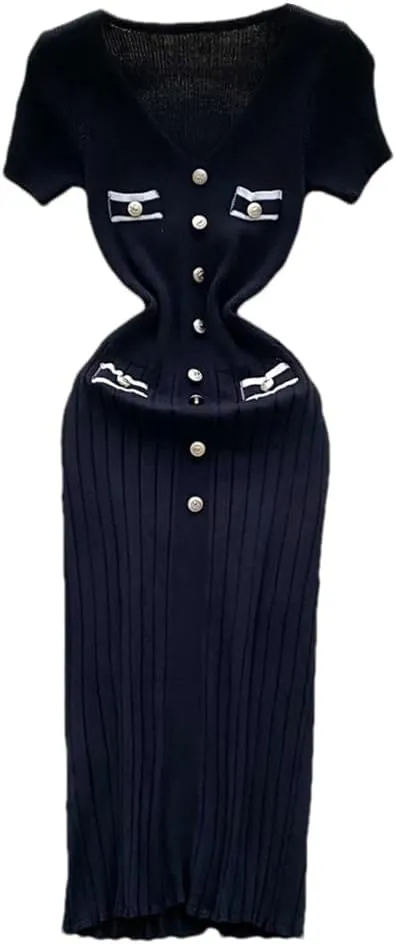 Dndrdhfb Women's Knitted Hip-Wrapped Dress V-Neck Short Sleeve Pleated Sweater Dress Office Bodycon Dress