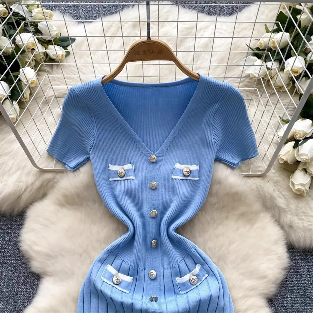 Dndrdhfb Women's Knitted Hip-Wrapped Dress V-Neck Short Sleeve Pleated Sweater Dress Office Bodycon Dress