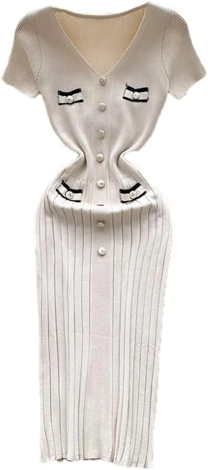 Dndrdhfb Women's Knitted Hip-Wrapped Dress V-Neck Short Sleeve Pleated Sweater Dress Office Bodycon Dress