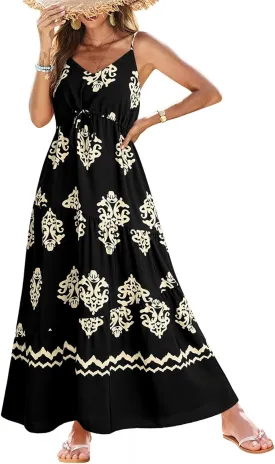 Dokotoo Summer Dress Casual Womens Boho Dress Sleeveless Printed Long Tiered Maxi Dress Beach Dress 2025