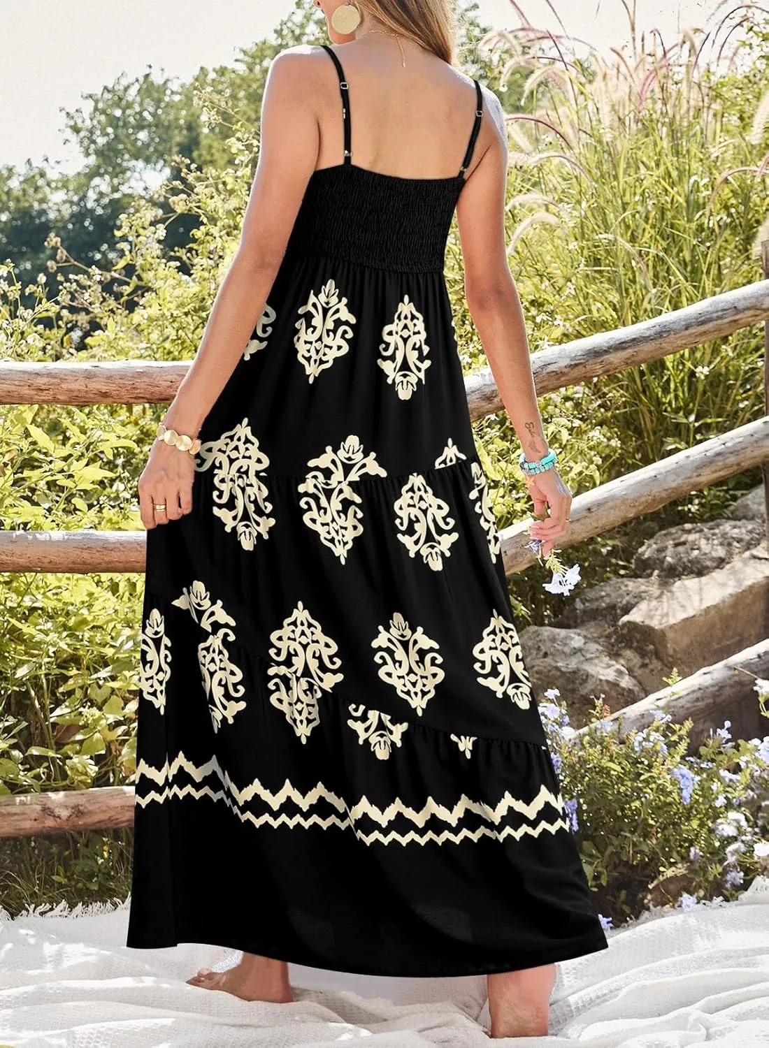 Dokotoo Summer Dress Casual Womens Boho Dress Sleeveless Printed Long Tiered Maxi Dress Beach Dress 2025