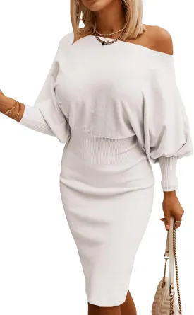 Dokotoo Women's Elegant Off Shoulder Long Lantern Sleeve Sweater Dress Elastic Waist Bodycon Mini Dresses