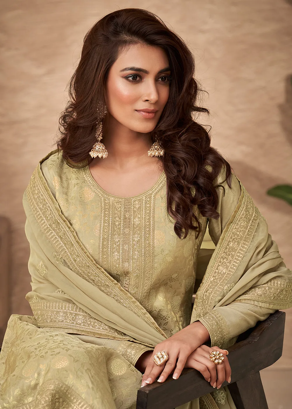 Embroidered Green Viscose Jacquard Pant Style Salwar Suit