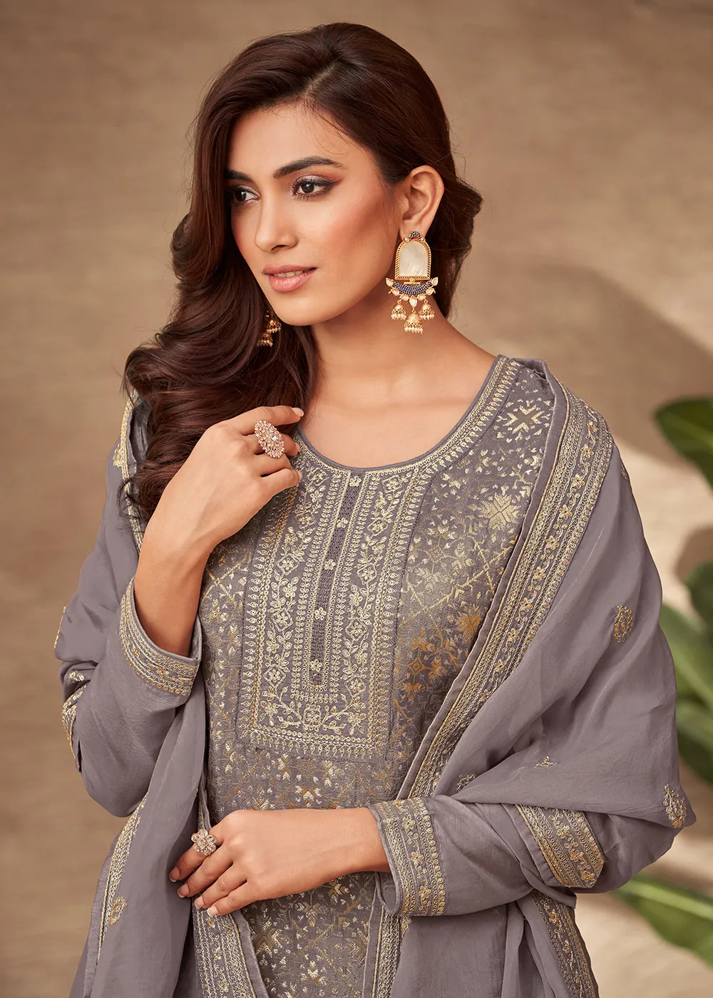 Embroidered Grey Viscose Jacquard Pant Style Salwar Suit