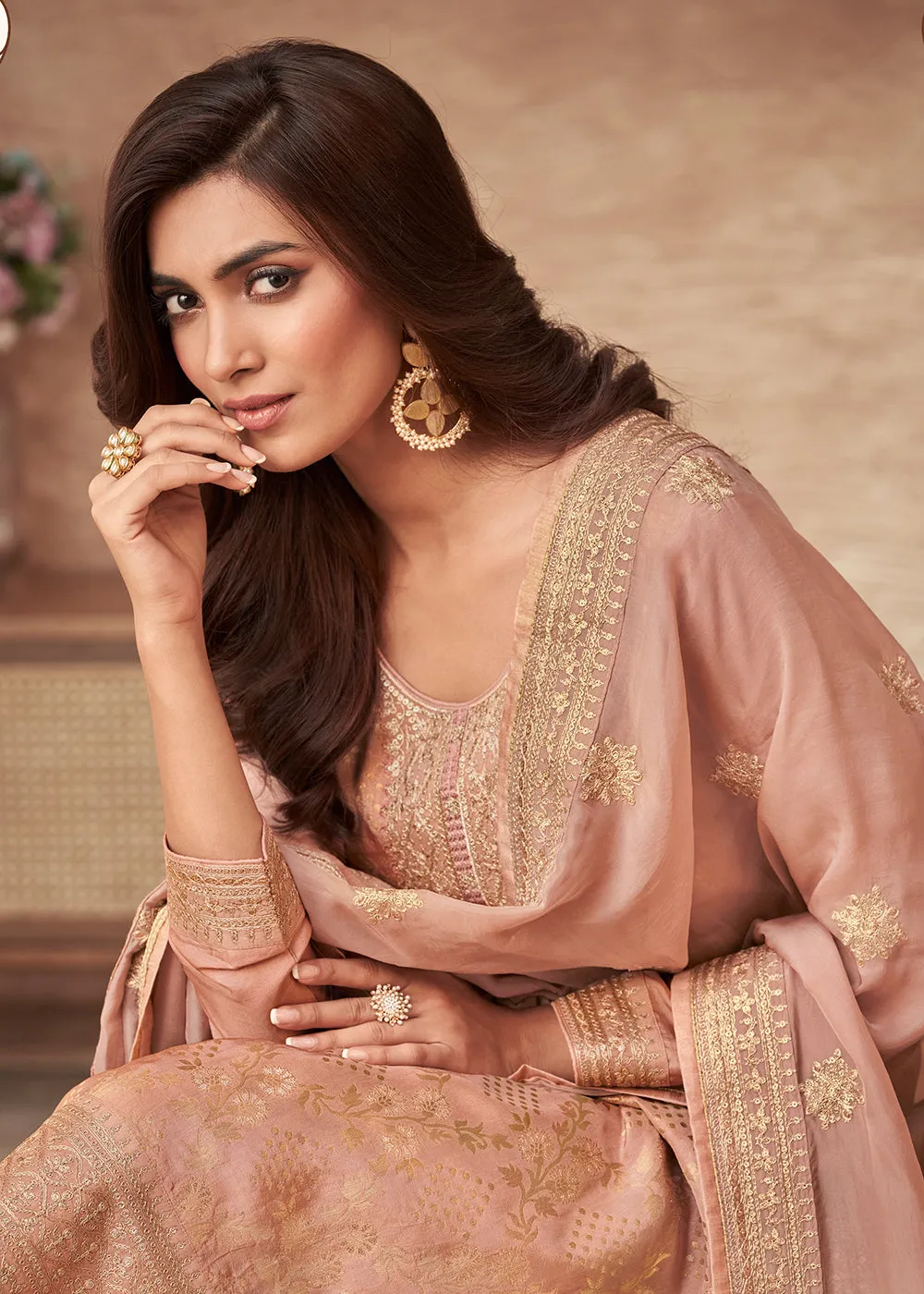 Embroidered Peach Viscose Jacquard Pant Style Salwar Suit